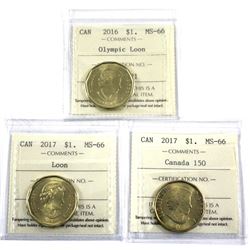 2016 Canada $1 Olympic Loon, 2017 Regular Loon $1 & 2017 $1 Canada 150 commemorative Loon all ICCS C