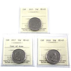 2015, 2017 Coat of Arms & 2018 Canada 50-cent ICCS Certified MS-65. 3pcs