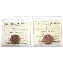 2000 & 2001 Canada 1-cent ICCS Certified MS-66 Red. 2pcs