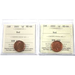 2001 & 2002 Canada 1-cent ICCS Certified MS-66 Red. 2pcs