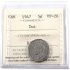 Image 1 : 1947 Canada 5-cent Dot ICCS Certified VF-20.