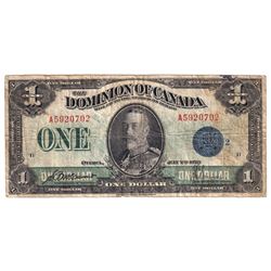 1923 DC-25h $1, Dominion of Canada, McCavour-Saunders, Blue Seal, Group 2, VG-F (Stain).