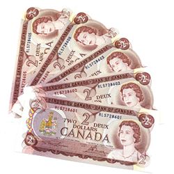 1974 Bank of Canada $2 Notes Lawson-Bouey Signatures with Consecutive Serial Numbers RL5728601-605, 