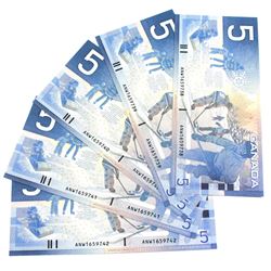 2001 Bank of Canada $5 Knight-Dodge Signatures with Consecutive Serial Numbers ANW1659738-742, UNC. 