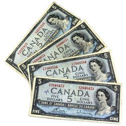 1954 Bank of Canada $5 Notes with Bouey-Rasminsky Signatures. 4pcs