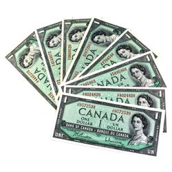 1954 Bank of Canada $1 Notes All Different Prefixes with 5x Beattie-Rasminsky & 3x Lawson-Bouey Sign