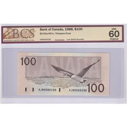 1988 BC-60a-N5-iv $100, Bank of Canada, Thiessen-Crow, Low Serial Number AJN0000230, BCS Certified U