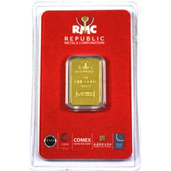 Republic Metals Corporation 5 Gram .9999 Fine Gold Bar in Hard Plastic Certificate Holder. (TAX Exem