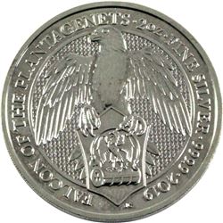 2019 Great Britain 5 Pounds Queen's Beasts - The Falcon 2oz .9999 Fine Silver Coin (Lightly toned). 