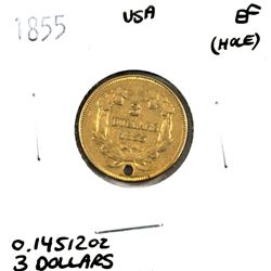 1855 USA $3 Gold, EF (Hole). Contains 0.14512oz fine gold.