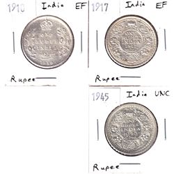 Lot of 3x India Silver Rupee's, Lot includes: 1910 EF, 1917 EF (scr), & 1945 in UNC 3pc