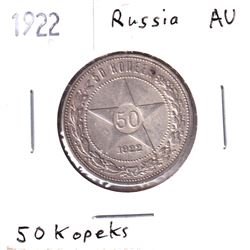 Russia 1922 Silver 50 Kopeks in AU condition.