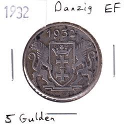 1932 Danzig Silver 5 Gulden *RARE KEY DATE ISSUE* Coin is approximately EF with some toning.
