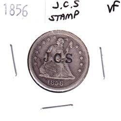 1856 United States Silver Seated Quarter Dollar with Counter Stamp Initials "J.C.S" Coin is in VF Co