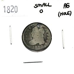 1820 United States Silver 10-cent, Small 0, in About Good condition with a hole at 12 O'clock.