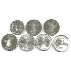 Lot of 7x 1/oz. Fine Silver rounds. Lot includes: 3x Sunshine Minting, 1x Monarch Precious Metals, &