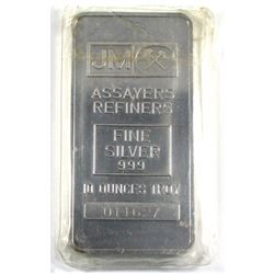 JM 10oz Fine Silver Bar Blank Back variety. Serial# 011627. (Tax exempt)