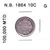 Image 1 : 1864 New Brunswick Silver 10-cent in G-VG Condition. A full date and solid coin for the grade point.