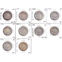 Group Lot of 10x Canadian Silver 50-cent lower Mintage Years! Lot includes: 1937, 2x 1939, 6x 1954, 