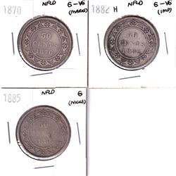 Lot of 3x Newfoundland Silver Victorian 50-cents. Lot includes: 1870 G-VG, 1882H G-VG, and 1885 Good