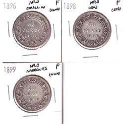 Lot of 3x Newfoundland Silver Victorian 50-cents. Lot includes: 1896 Small W Fine, 1898 Obv.2 Fine ,