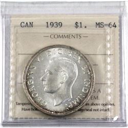 1939 Silver $1.00 ICCS Certified MS-64! Frosted fields with soft hints of golden toning in older sty