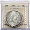 Image 1 : 1939 Silver $1.00 ICCS Certified MS-64! Frosted fields with soft hints of golden toning in older sty