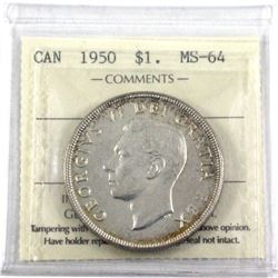 1950 Silver $1.00 ICCS Certified MS-64 SWL. Lightly toned throughout. With mirror like finishes.