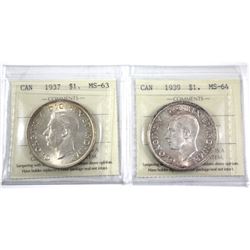 Silver $1 1937 MS-63 & 1939 MS-64 both ICCS Certified. An attractive pair with light hints of golden