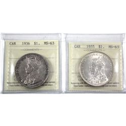 Silver $1 1935 & 1936 both  ICCS Certified MS-63! Nice Brilliant Uncirculated Pair of George the 5th