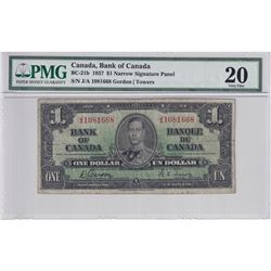 BC-21b  1937 Bank of Canada $1 'J/A Narrow Panel', Gordon-Towers S/N: J/A1081668. PMG Certified VF-2