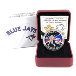 2016 Canada $20 The 40th Season of the Toronto Blue Jays Fine Silver Coin (Capsule lightly scratched