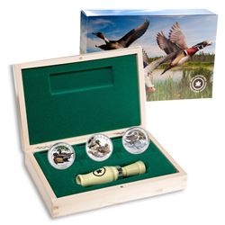 2013-2014 $10 Ducks of Canada 3-coin Fine Silver Set in Deluxe Box with Duck Caller. TAX Exempt