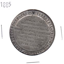 1885 Anniversary Welsh Sunday School Pewter Medal (holed). Diameter 44 mm