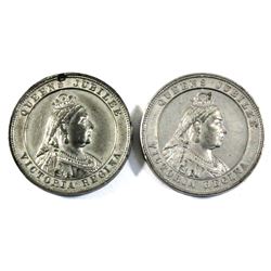Pair of White metal Circa 1887 Queens Jubilee Medallions both have the same obverse dies but differe