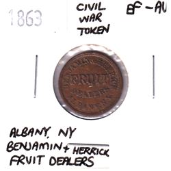 1863 Albany New York, Benjamin + Herrick Fruit Dealer Civil War Token EF-AU