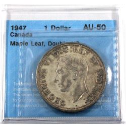 1947 Canada Silver $1 Maple Leaf 2x HP CCCS Certified AU-50.