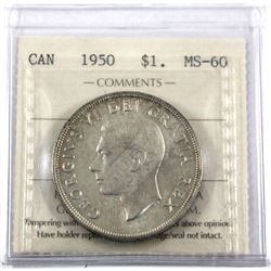 1950 Canada Silver $1 Arnprior ICCS Certified MS-60.