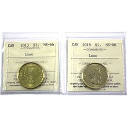 2013 & 2018 Canada Loon $1 ICCS Certified MS-66. 2pcs