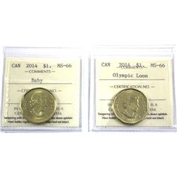 2014 Olympic Loon & 2014 Baby Canada Loon $1 ICCS Certified MS-66. 2pcs