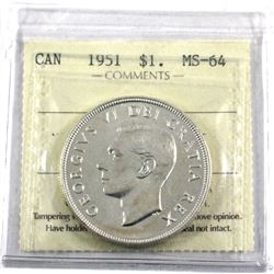 1951 Canada Silver $1 ICCS Certified MS-64.
