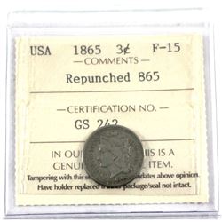 1865 USA 3-cent Repunched 865 ICCS Certified F-15.