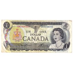 1973 Bank of Canada $1 Lawson-Bouey Signature Note with 2 Digit RADAR Serial Number GN2226222.