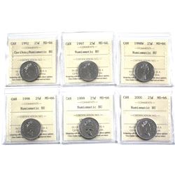 1992-2000 Canada 25-cent ICCS Certified MS-66 Numismatic BU - 1992, 1997, 1998W, 1998, 1999 & 2000. 