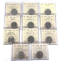 1993-2004 Canada 25-cent ICCS Certified MS-65 & MS-65 Numismatic BU - 1993 NBU, 1995 NBU, 1996, 1999