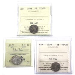 1898 Canada 5-cent ICCS Certified VF-20, 1902 Small H 5-cent M.C.R. Certified VF-20 & 1916 5-cent IC