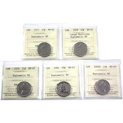 1977-2000 Canada 25-cent ICCS Certified MS-67 Numismatic BU - 1977, 1978 Large Denticles, 1979, 1994