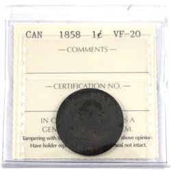 1858 Canada 1-cent ICCS Certified VF-20.