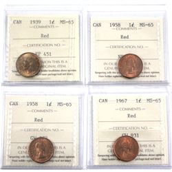 1939, 2x 1958 & 1967 Canada 1-cent ICCS Certified MS-65 Red. 4pcs