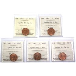 Lot of 1965 Canada 1-cent Large Beads Blunt 5 ICCS Certified MS-65 Red. 5pcs